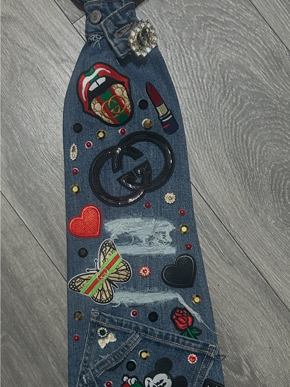Upcycled XXL JUNK Embellished Blue Denim Jeans Necktie with Patchwork Accents - Picture 3 of 4